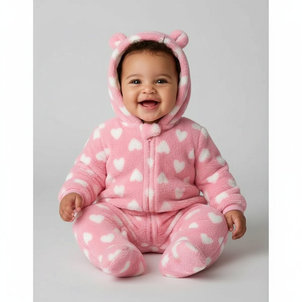 Duck Duck Goose Baby Jumpsuit 3-6M Pink Heart Hooded Fleece One Piece